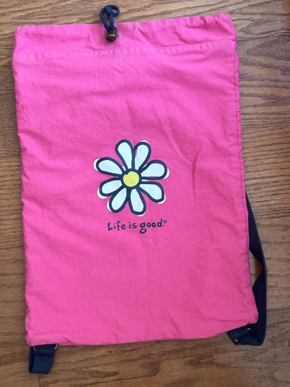 NWOT Life is Good Canvas Drawstring Backpack Daisy Logo Camp Overnight School Ne - Picture 8 of 11